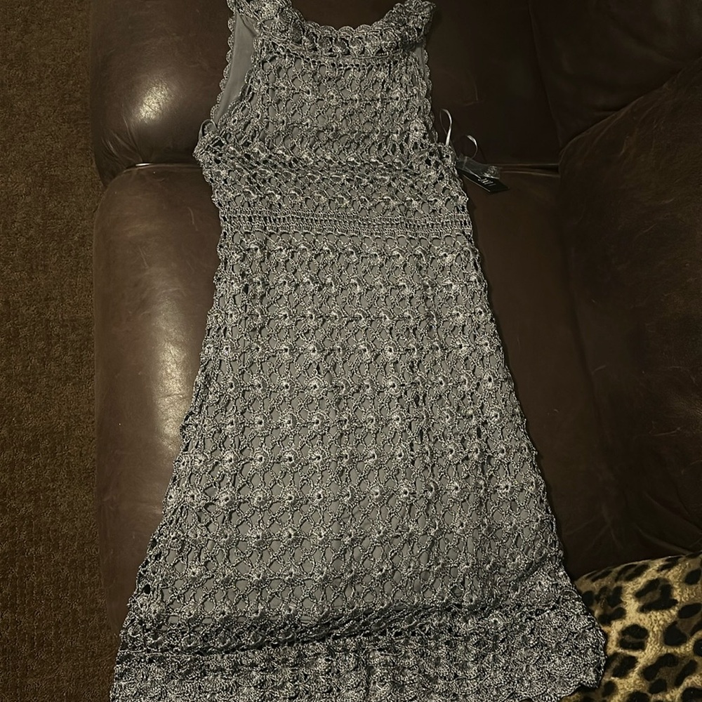 NEW NWT Silver Metallic Crochet Lined INC. Dress Size M Macy's
